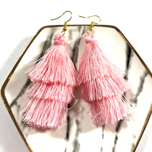 BubbleGum Pink Tassel FringeStatement Earrings - Picture 4 of 5